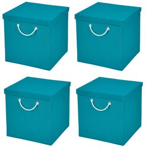 4 Stück Türkis Faltbox 30 x 30 x 30 cm  Aufbewahrungsbox faltbar mit Kordel und mit Deckel