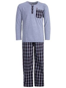 Herren Pyjama langarm Set Baumwolle mit Knopfleiste und langer karierter Hose , Farbe:Grau, Größe:XXL