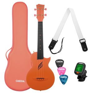 Cascha HH2289 Kohlefaser Ukulele Set Orange mit Tasche, Ukulelegurt Stimmgerät und Plektren