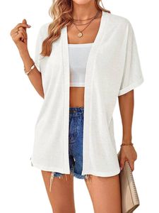 Damen Strickjacken Open Front Strand Shirt Baggy Loose Sommer Cover Up Outdoor Mantel Weiß,Größe 2XL
