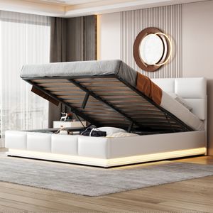 Flieks Čalouněná postel s LED diodou, hydraulická postel Boxspring 160x200 cm s lamelovým rámem a úložným prostorem, manželská postel Dřevěná postel pro mládež z umělé kůže, bílá