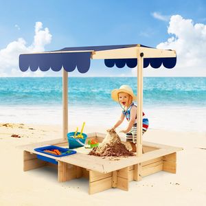 Sandkasten Sandbox mit absenkbarem Dach, Sandkiste aus Holz mit seitlichem Waschbecken und Sitzbank, für Garten Strand Outdoor 115x115x121cm