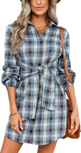 ASKSA Damen Kariert Hemdkleid Elegant Knöpfen Blusenkleid V-Ausschnitt Langarm Tunika Kleider Freizeitkleid mit Gürtel, Blau, XL