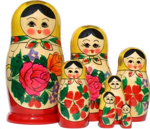 Matroschka Puppen Babuschka Matrjoschka gelbes Tuch Set aus 7 Holzfiguren
