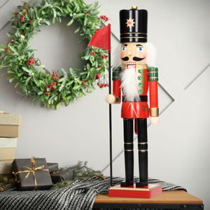 ECD Germany Nussknacker Figur Soldat, 25 cm, aus Holz, Dekofigur mit schwarzer Hut und Fahne, handbemalt, Weihnachten Holzfigur Puppet Marionette Ornament Traditioneller Nussbrecher Weihnachtsdeko Statue