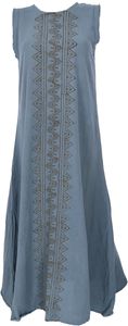Natürliches Tunikakleid, Maxikleid, Boho Sommerkleid mit Handgefertigtem Tribal Druck - Taubenblau, Damen, Baumwolle, Größe: M