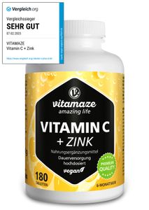 Vitamin C 1000 mg + Zink, hochdosiert & vegan, 180 Tabletten für 6 Monate