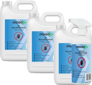 INSIGO 3x2L + 500ml Sprüher Anti-Milbenspray, Mittel gegen Milben Milbenbefall Milbenfrei Schutz gegen Eier auf Wasserbasis, fleckenfrei, geruchlos, mit Schnell- & Langzeitwirkung frei EX