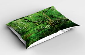 ABAKUHAUS Grün Kopfkissenbezug, Wald Moos Blätter Natur Themen isolierten Dschungel Bild Foto drucken, 40x80 cm, Forest Green Dunkelbraun