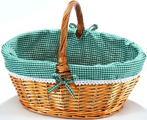 Kobolo Nákupní košík z proutí - podšitý textilem - zeleno-bílá kostkovaná - 45x34x20 cm