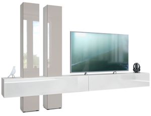 Vladon Wohnwand Moja, Made in Germany, - Weiß matt & Weiß/Sandgrau Hochglanz - Moderne Anbauwand für Ihr Wohnzimmer (BxHxT) 330 x 204 x 39 cm