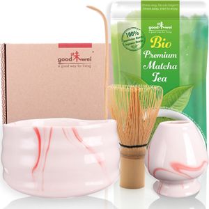 Matcha Teezeremonie Set "Pink Marmor" mit Teeschale, Besenhalter und 30g Premium Matcha