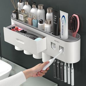 6 Fächer Zahnbürstenhalter mit 2 Automatischem Zahnpastaspender mit 3x Zahnputzbecher Wandmontage Zahnbürstenhalter Zahnpastaspender