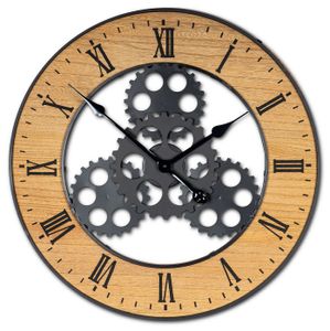 XXL Wanduhr 56 cm Rund Zahnrad Uhr Braun Schwarz Großuhr Industrie-Design Holz