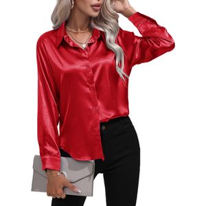 Damen Bluse Elegant Satin Langarm Business Oberteile Weiche Tunika Lässige Hemdbluse Rot,Größe:EU XL