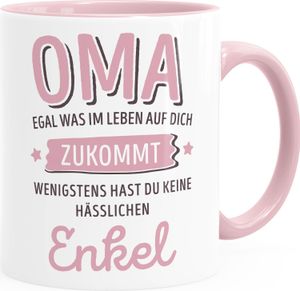 Geschenk Tasse anpassen egal was im Leben auf dich zukommt wenigstens hast du keine hässlichen Kinder Kaffee-Becher MoonWorks® Oma-Enkel inner-rosa Keramik-Tasse