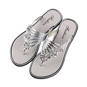Frauen Sandalen Sommerschuhe lässige Flachschuhe Pantoffeln mit Strasssteinen Flat Heel, Farbe: Silber, Größe: 36