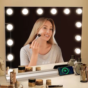 MULISOFT Hollywood Spiegel mit Beleuchtung, 58x45cm Schminkspiegel mit 14 LED Lampen 3 Farben einstellbar, Make up Spiegel mit Touchschalter USB Ausgang