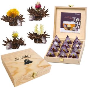 Creano Teelini Teeblumen im Tassenformat, Geschenkset in Teekiste aus Holz, 12 ErblühTeelini in 4 Sorten | Schwarzer Tee