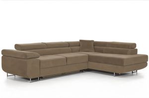 Narożnik z funkcją spania PASTI w kształcie litery L, sofa rozkładana z pojemnikiem na pościel, narożnik, sofa rozkładana, sofa z funkcją spania jasnobrązowa otomana prawa