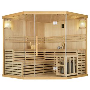 Artsauna Saunakabine Espoo200 Premium mit Harvia Ofen – 5 Personen – Hemlock Holz, Glasfront und LED Licht – Inkl. Thermometer & Sanduhr –Komplett Set