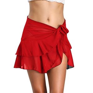 Frauen einfarbige Bandage Beach Bikini vertuschen Schwimmrock gekraeuselt Wickel Sarong rot