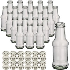 gouveo 24er Set Glasflasche 250 ml Barbecue mit Schraubdeckel TO38 silberfarben - Kleine Glasflasche 0,25 l mit Schraubverschluss - Saftflasche