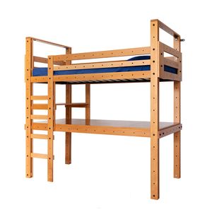 Design Brückenbett mit Schreibtisch, in Buche massiv. Bett und Schreibtisch können in verschiedenen Höhen montiert werden. Abm.196,8x93 h194,8. Für Erwachsene geeignet.
