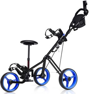 COSTWAY 3-Rad Golftrolley klappbar, Golfwagen mit verstellbarem Sitz und Griff, Schiebewagen, Metall Golf Push Cart, Golfcaddy mit Schirm- und Tassenhalter, blau+schwarz