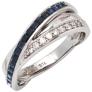 Ring mit 16 Saphiren blau & 9 Diamanten Brillanten 585 Weißgold Goldring Damen