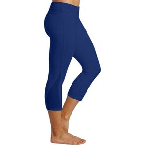 Frauen einfarbig Polyester hohe Taille enge Fitness Leggings Yoga Hose Capris Blue M.