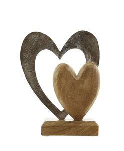 Holzdeko 'Herz in Herz' Mangoholz antik glänzendes Aluminium in Silber, Liebe