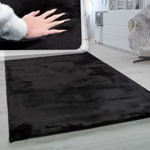 Hochflor Teppich Wohnzimmer Super Softes Kaninchenfell Imitat Kunstfell Schwarz Grösse 160x230 cm