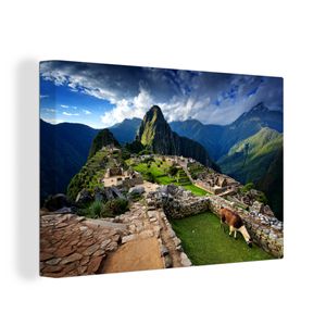 OneMillionCanvasses® - Leinwandbilder - 150x100 cm, Lama - Machu Picchu - Gras, Wandbilder Kunstdruck Wanddekoration