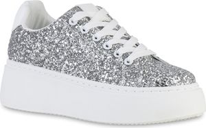 VAN HILL Damen Plateau Sneaker Keilabsatz Schnürer Glitzer Plateau-Schuhe 840510, Farbe: Silber, Größe: 41