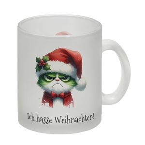 Weihnachtsmuffel-Katze Glas Tasse und Spruch Ich hasse Weihnachten!
