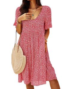 Damen Sommerkleid Kleider Blumendruck Midikleid Kurzarm A-Linie Kleid Strandkleid Rot,Größe M