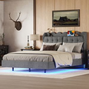 Flieks Polsterbett 140x200cm mit USB, Jugendbett Doppelbett mit LED und Lattenrost, Holzbett Stauraumbett mit Stauraumkopfteil, Leinen, Grau