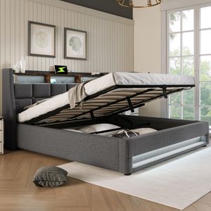 Flieks Čalouněná postel 140x200 cm s USB, postel pro mladé Manželská postel s roštem a úložným prostorem, úložná postel s LED diodou, povlečení, šedá barva