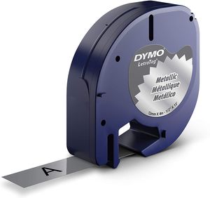 DYMO Original LetraTag Metallic Etikettenband | schwarz auf Metallic-Silber | 12 mm x 4 m | selbstklebendes Etiketten | für LetraTag-Beschriftungsgerät