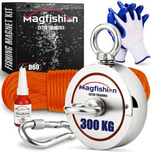 Magfishion® Fisch Magnet Set - 300 kg – Starker Doppelseitiger Magnet - Angelmagnet aus Neodym – Inkl. Seil, Schraubensicherung & Handschuhe - Perfekt