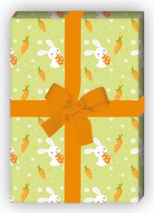 Lustiges Oster Geschenkpapier mit Osterhasen und Karotten grün - G11858, 32 x 48cm