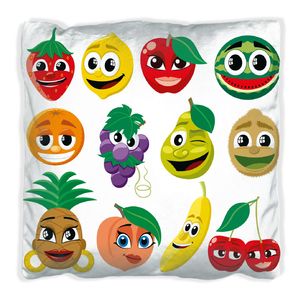 Wallario Premium Kissen, weiche Oberfläche, mit Motiv Obst-Smilies im Comic-Stil - Lustige Erdbeeren, Bananen, Kirschen etc, Größe: 30 x 30 cm, mit weißer Rückseite