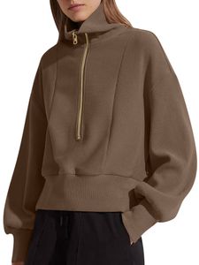 Damen Rollkragenpullover Reißverschluss Sweatshirt Casual Tops Baggy Solid Cropped Tops Dunkelbraun,Größe L