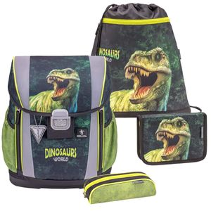 Belmil Ergonomischer Schulranzen Set 4 - teilig Größen verstellbar Jungen 1. 2. 3. 4. klasse - gepolsterter Hüftgurt und Brustgurt/Dinosaurier/Gelb, Grün (404-20 Dinosaur World 2)