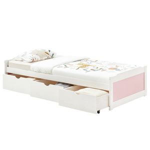 Bett MIA aus massiver Kiefer in weiß/rosa, schönes Funktionsbett mit 3 Schubladen, praktisches Jugendbett mit Liegefläche 90 x 200 cm