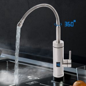 Elektrischer Edelstahl Wasserhahn mit LED-Temperaturanzeige sofort Heizung 360° drehbar 3000W (silber) für Küche Bad