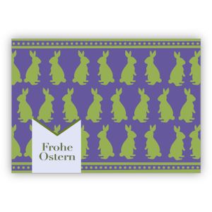 4x Wunderbare Retro Vintage Osterkarte mit Scherenschnitt Hasen: Frohe Ostern in grün lila