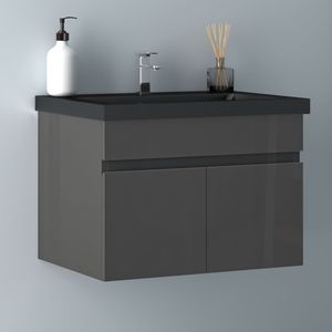 Waschtisch mit Unterschrank 60 cm Badmöbel Set mit Waschbecken Schwarz Mineralguss Gäste WC Hochglänzend Anthrazit