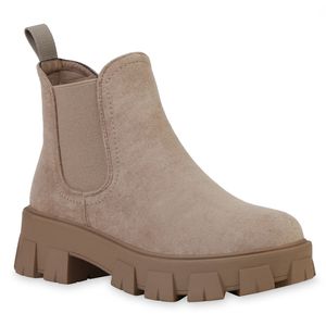 VAN HILL Damen Stiefeletten Plateau Boots Blockabsatz Profil-Sohle Schuhe 836326, Farbe: Schlamm Velours, Größe: 40